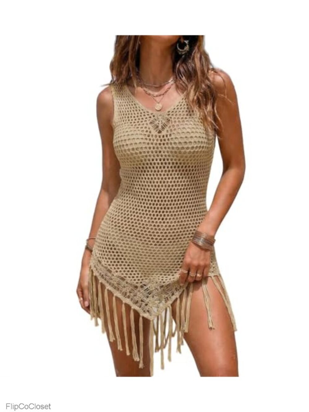 Crochet Swimsuit Coverup Sleeveless V Neck Beach Bikini Cover Up